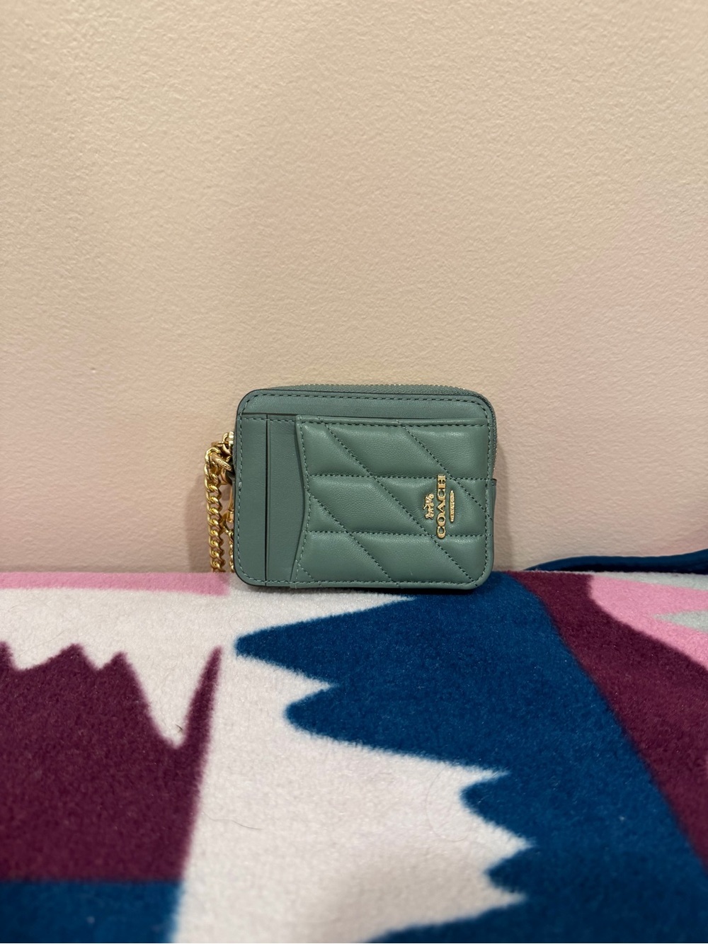 Coach Quilted Leather Card Holder Wallet - Sage Green with Gold Hardware